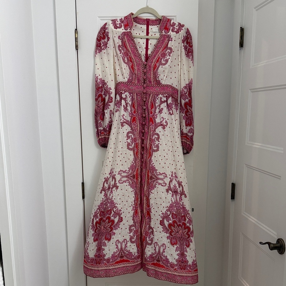 Zimmermann White and Pink Paisley Linen Maxi Dress